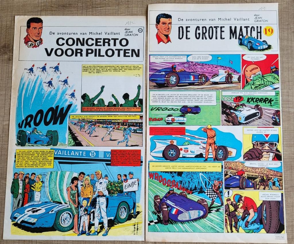 2 oude stripknipsels: Michel Vaillant (1969 + 1972), Verzamelen, Ophalen of Verzenden, Overige figuren, Gebruikt, Plaatje, Poster of Sticker