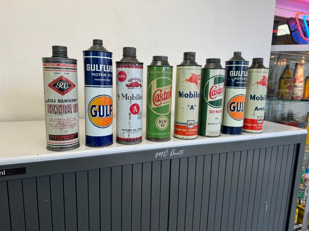 Divers bidons d'huile Gulf/Mobiloil/Castrol, Enlèvement ou Envoi, Utilisé, Emballage