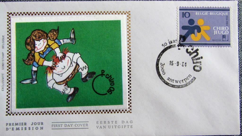 FIRST DAY COVER OP ZIJDE- SCOUTISME- KINDERSPELEN- BELGIË, Enlèvement ou Envoi, Affranchi, Autres thèmes