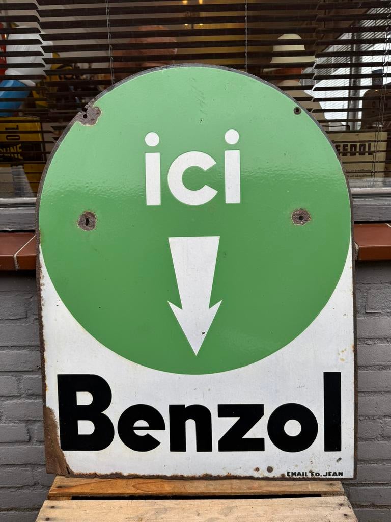 Ancien panneau d'affichage de garage en émail Benzol BP, Enlèvement ou Envoi, Utilisé, Panneau publicitaire