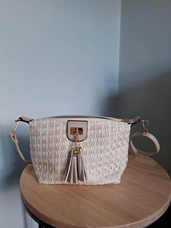 Leuke handtas beige met goud in prima staat, Ophalen, Gebruikt, Beige