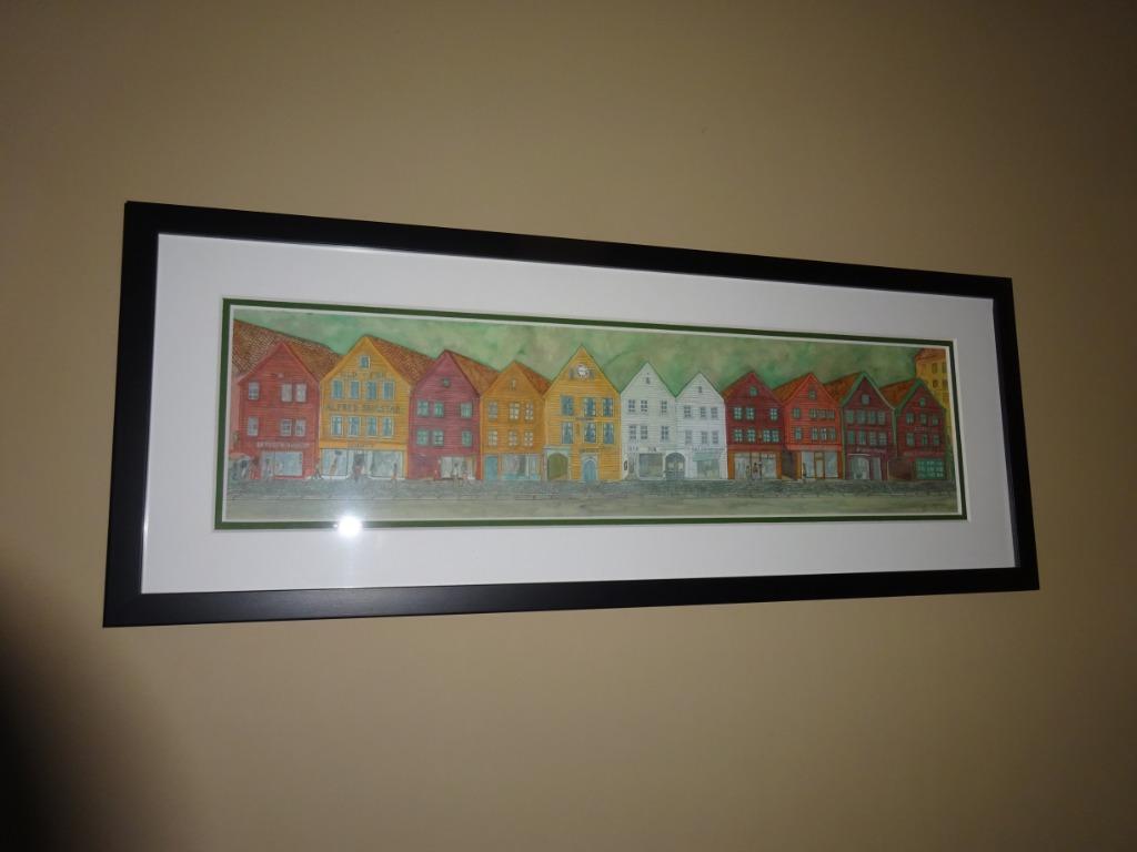 litho " Noorse houten gevels van Bergen ", Antiek en Kunst, Ophalen of Verzenden