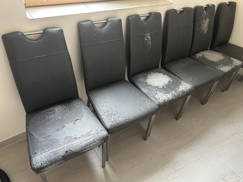 6 (zes) Eetkamerstoelen, Maison & Meubles, Chaises, Utilisé, Cinq, Six Chaises ou plus, Cuir, Métal, Gris, Enlèvement