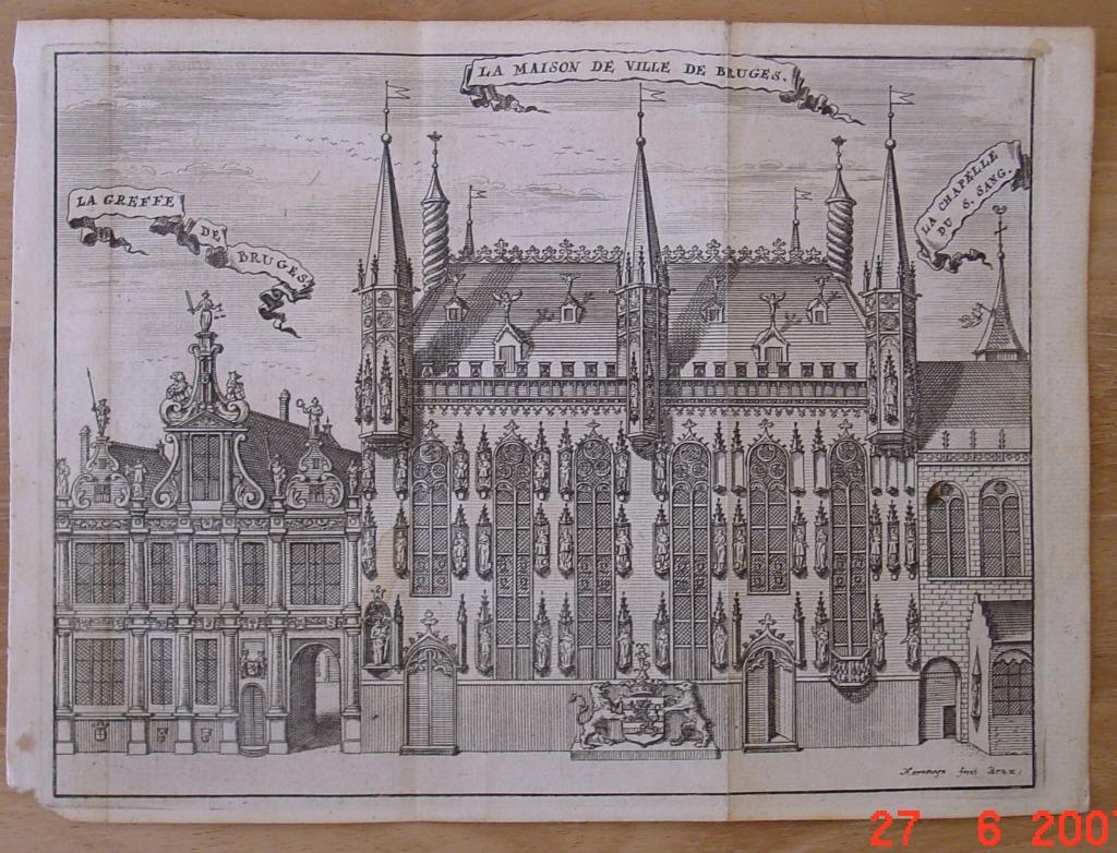 Gravure originale hotel ville Bruges grav. Harrewijn  1716, Enlèvement ou Envoi