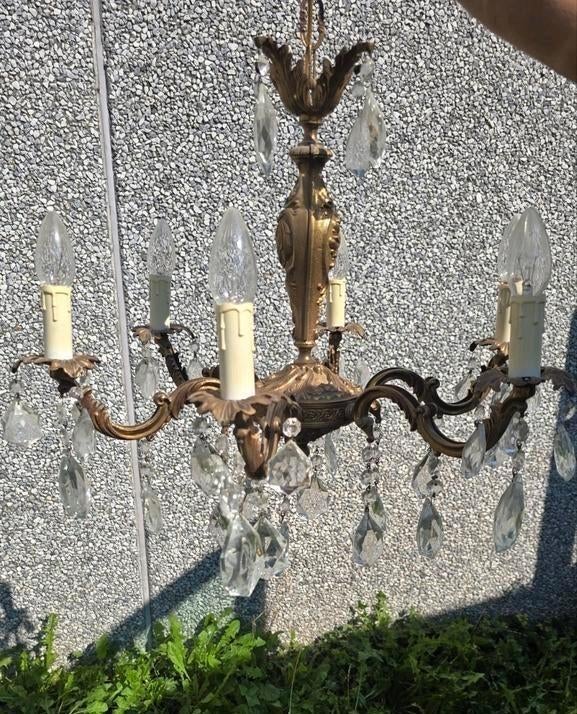 Vintage zware luster kroonluchter hanglamp brons met parels, Ophalen of Verzenden