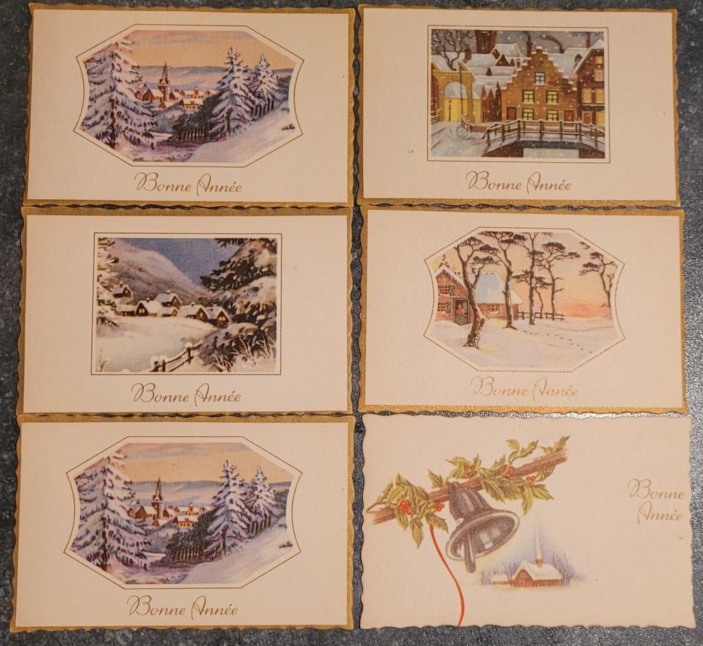 6 oude, Franstalige wenskaarten: Bonne Année, Ophalen of Verzenden, 1960 tot 1980, Ongelopen, Feest(dag)