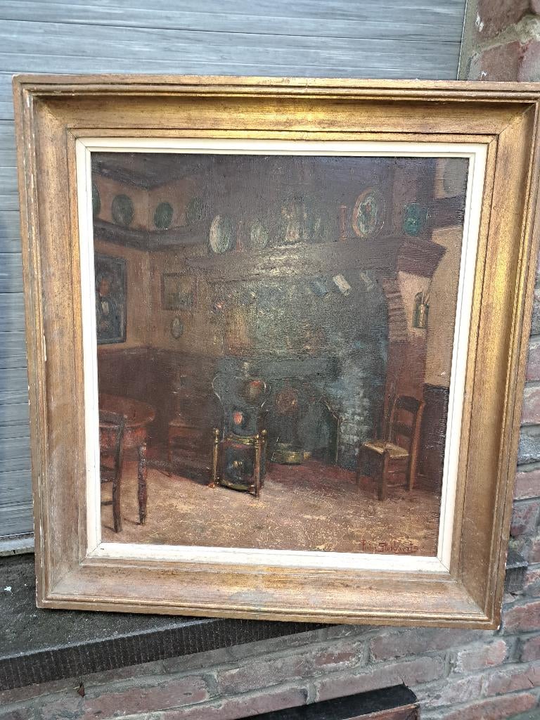 Huile sur panneau interieur signe pieter stobbaerts, Enlèvement ou Envoi