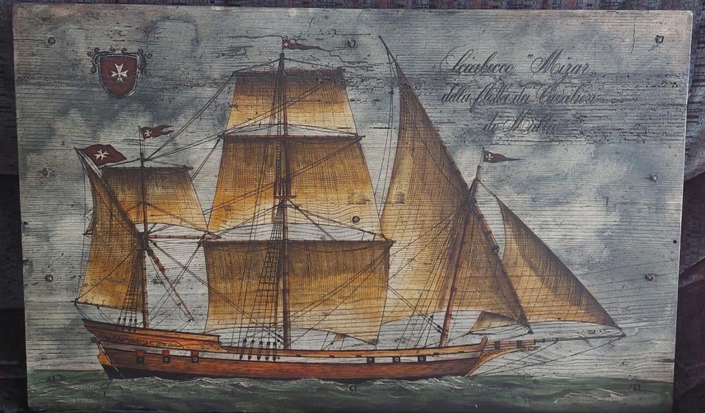 Schilderij op wrakhout over de vloot van Malta, Antiek en Kunst, Kunst | Schilderijen | Klassiek, Ophalen