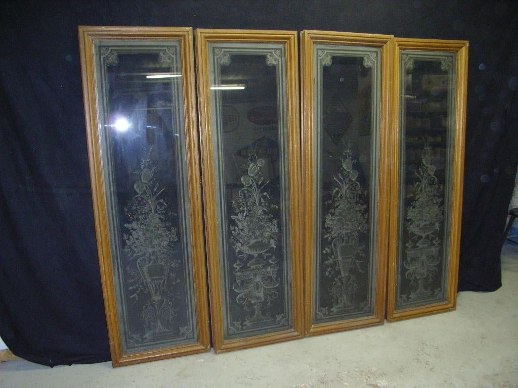 4 châssis en bois avec vitres gravées, Antiquités & Art, Enlèvement