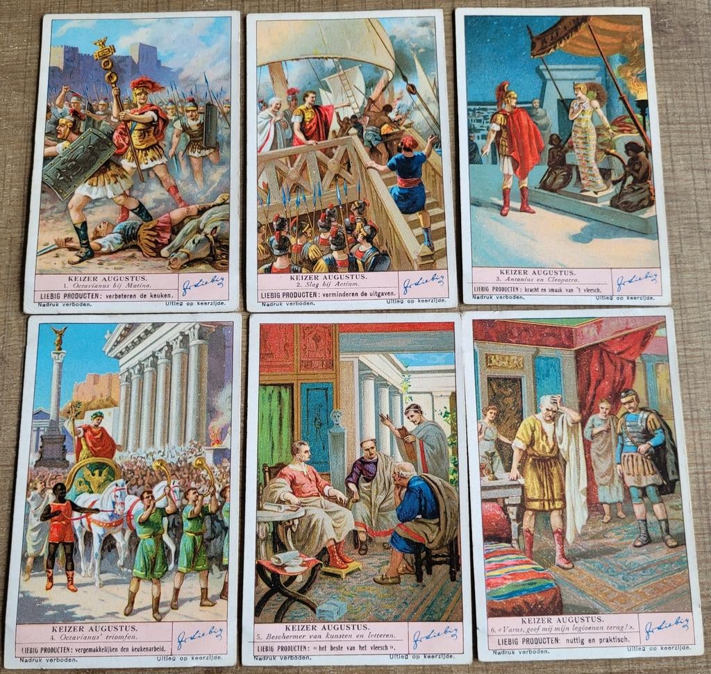 6 oude Liebig prenten: Keizer Augustus, Enlèvement ou Envoi, Utilisé, Autres sujets/thèmes, Gravure