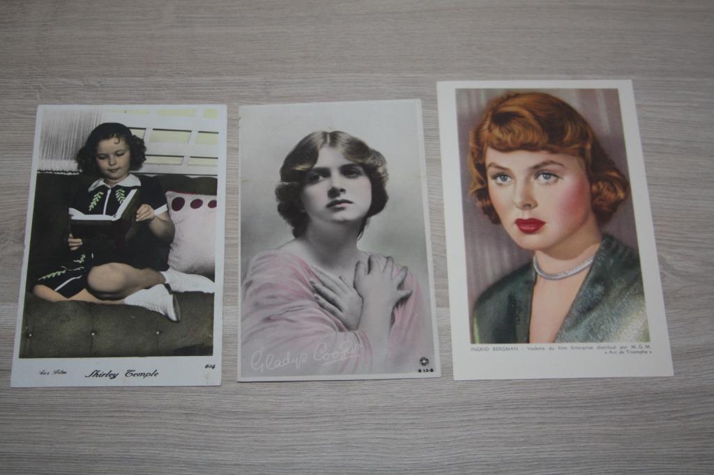 3 kaarten , Shirley Temple , Gladys Cooper , Ingrid Bergman, Verzamelen, Film en Tv, Gebruikt, Film, Foto of Kaart, Ophalen of Verzenden