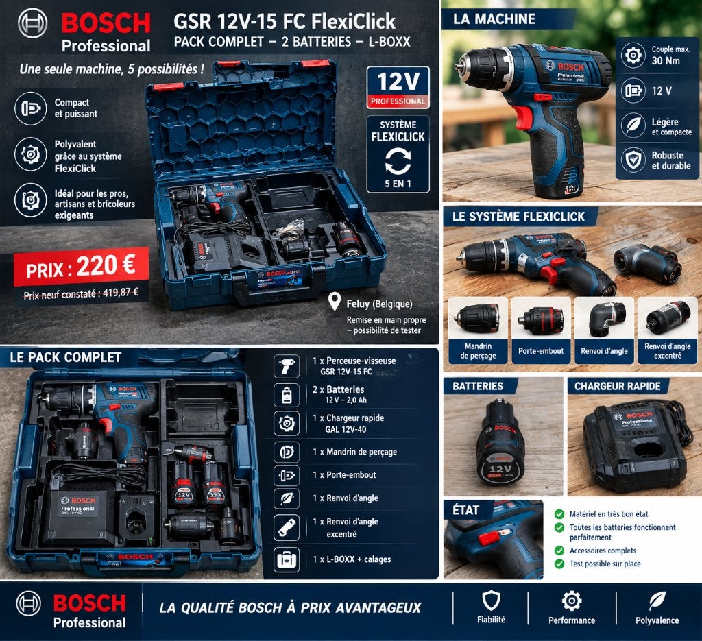 Pack Bosch Pro GSR 12V-15 FC FlexiClick Complet - TBE, Vitesse variable, Comme neuf, Enlèvement, Foreuse et Perceuse