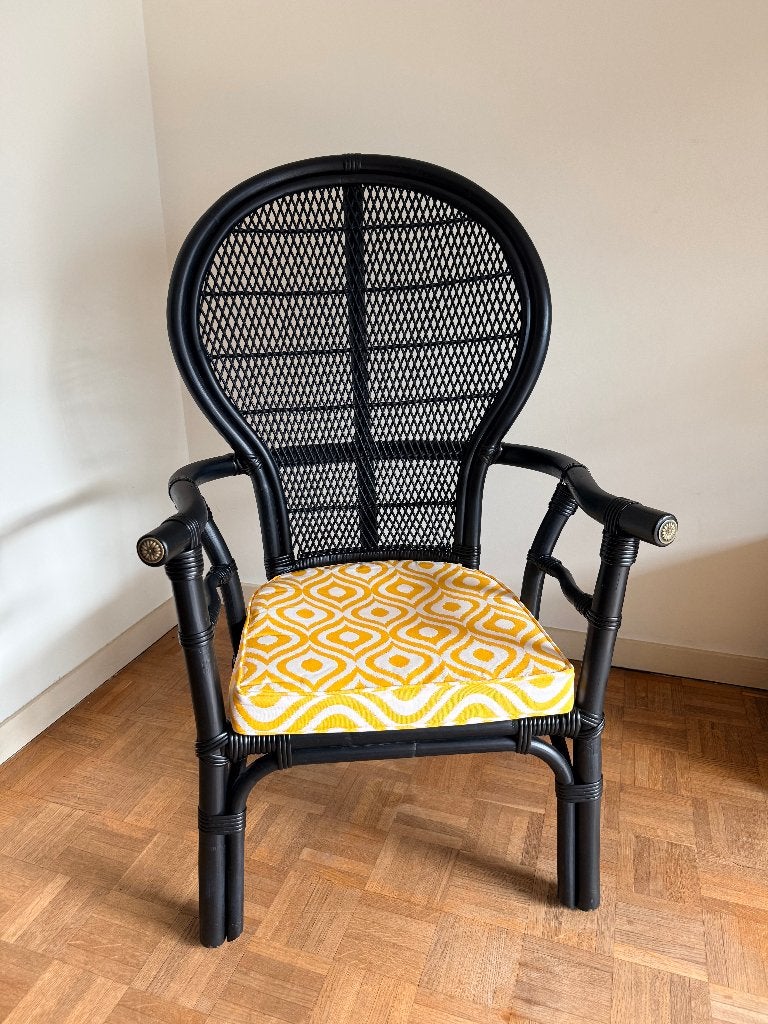 Chaise vintage boho-chic en rotin - avec coussin neuf, Enlèvement, Comme neuf, Rotin