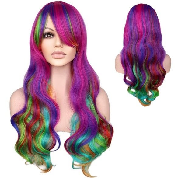 Carnaval pruik lang haar met krullen multi-color regenboog, Ophalen of Verzenden, Nieuw
