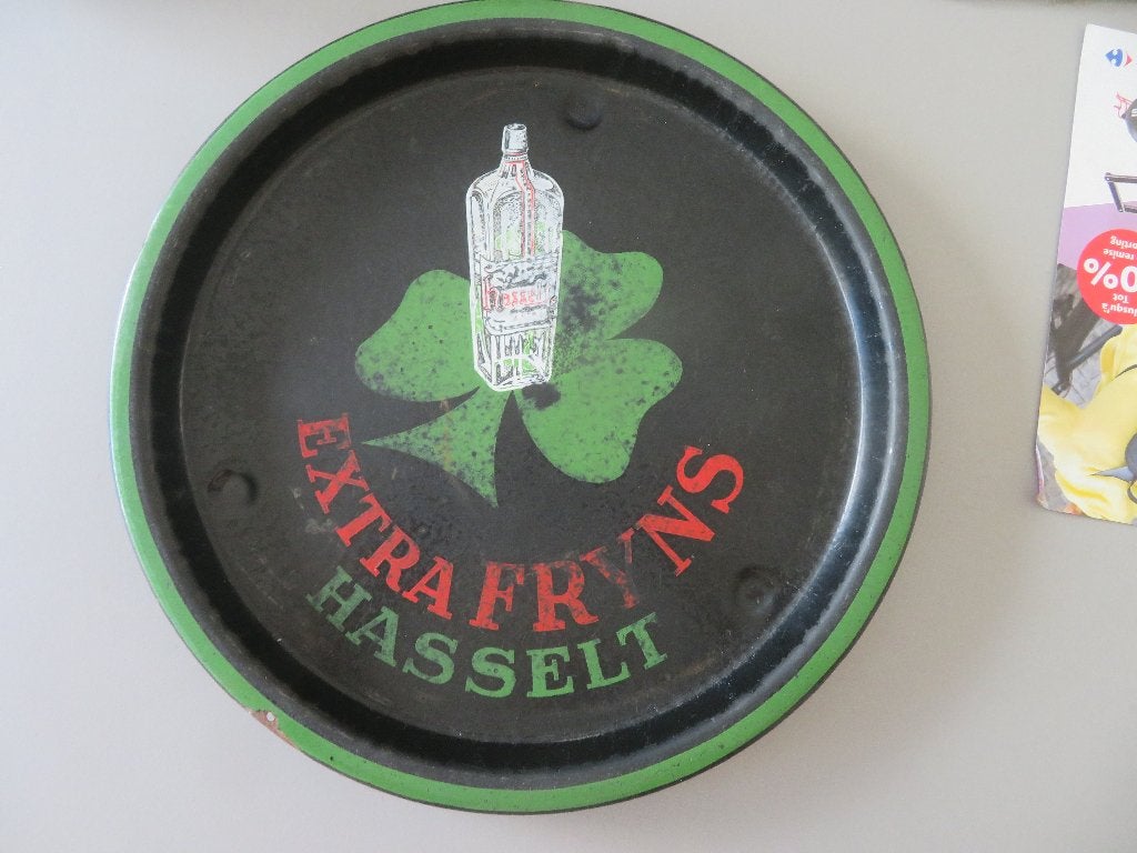 oud emaille dienblad Extra Fryns Jenever Hasselt, Verzenden, Gebruikt, Reclamebord