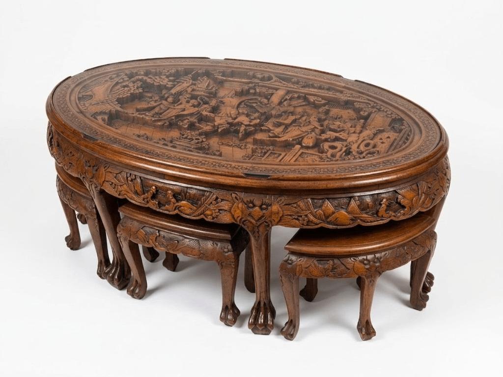 Antieke Aziatische salontafel met 6 stoelen, Comme neuf, Enlèvement, Verre, Traditionele Chinese stijl