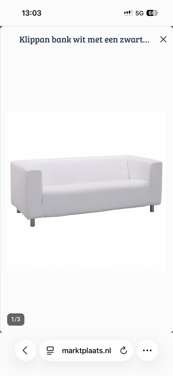 Witte IKEA KLIPPAN-hoes voor 2-zitsbank, Gebruikt, Minder dan 75 cm, 150 tot 200 cm, Tweepersoons
