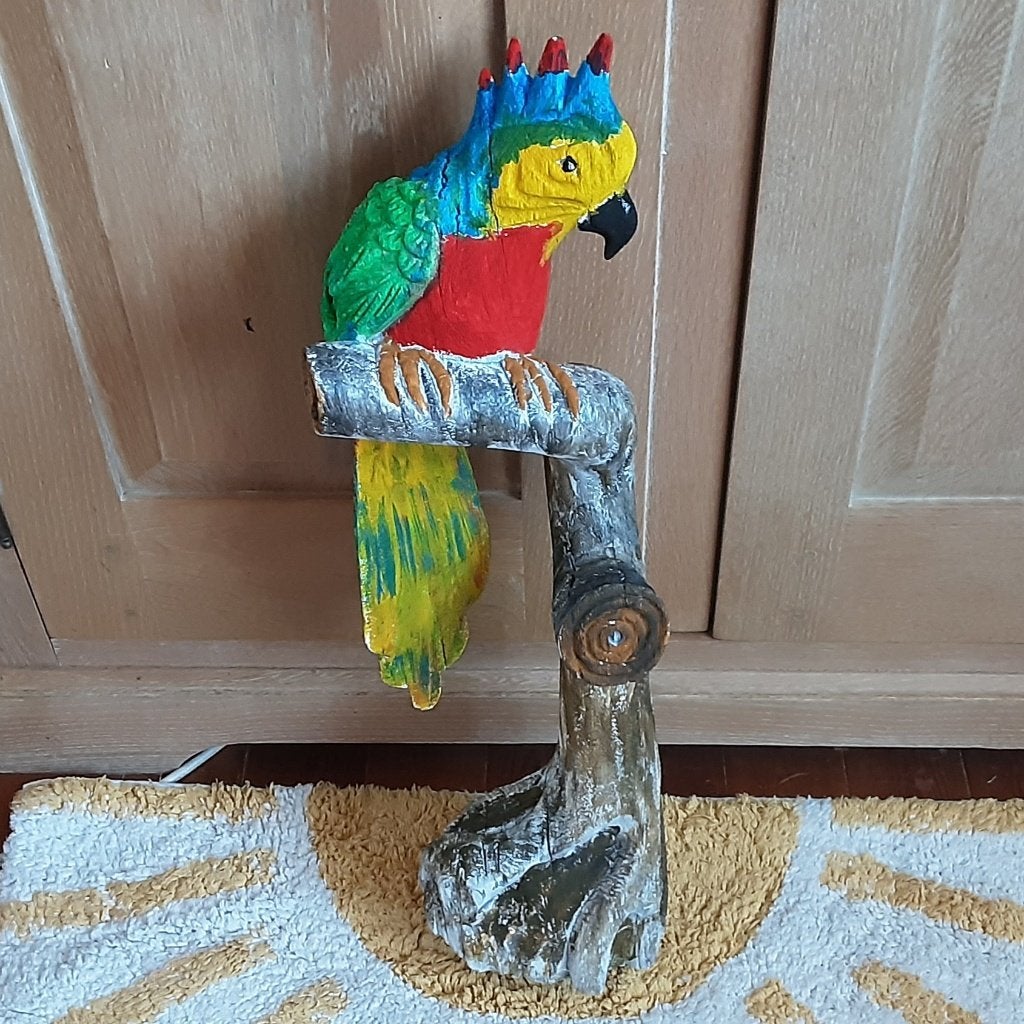 Groot handgemaakt volhouten beschilderd beeld papegaai H65cm, Antiek en Kunst, Handgemaakt, Beeld, Hout, Vogel