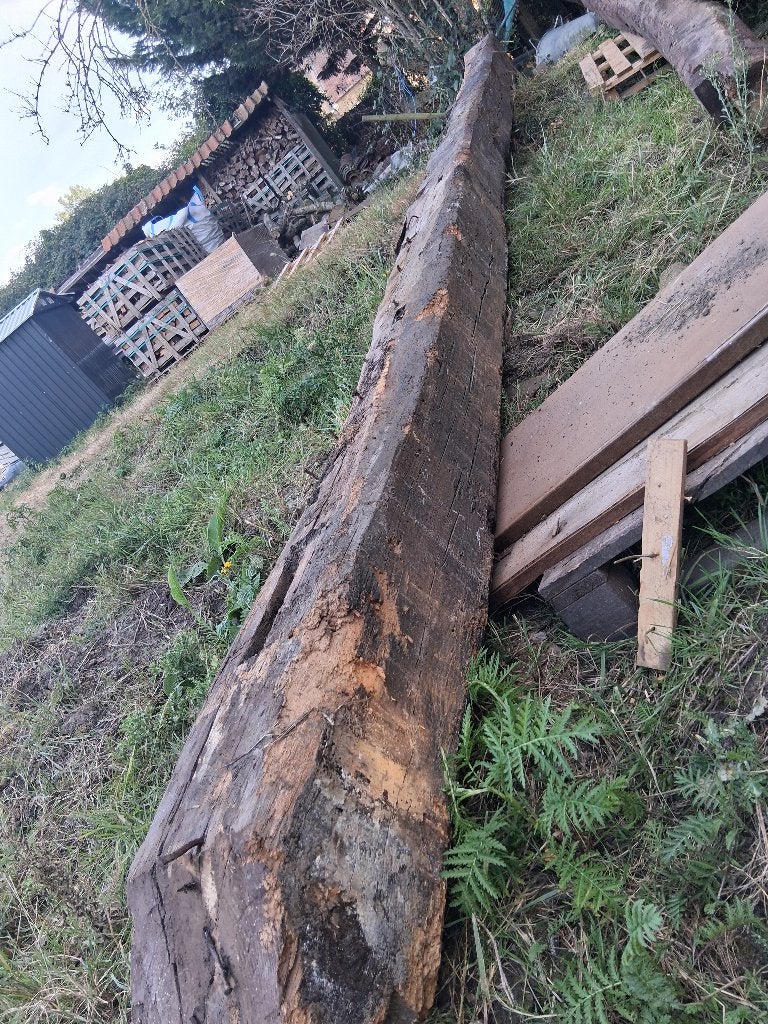 Oude massief eiken balk 7,6 m, Doe-het-zelf en Bouw, Ophalen, Gebruikt, 25 tot 50 mm, Eiken