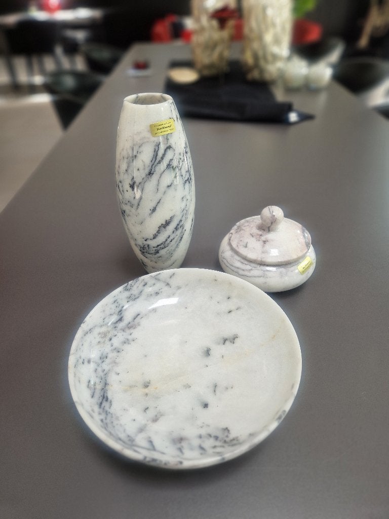 TRIO MARMEREN STEL € 350 Vaas+kom+bonbonniere, Antiek en Kunst, Ophalen