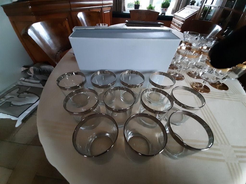 11 whisky glazen zilveren randje, Ophalen, Zo goed als nieuw