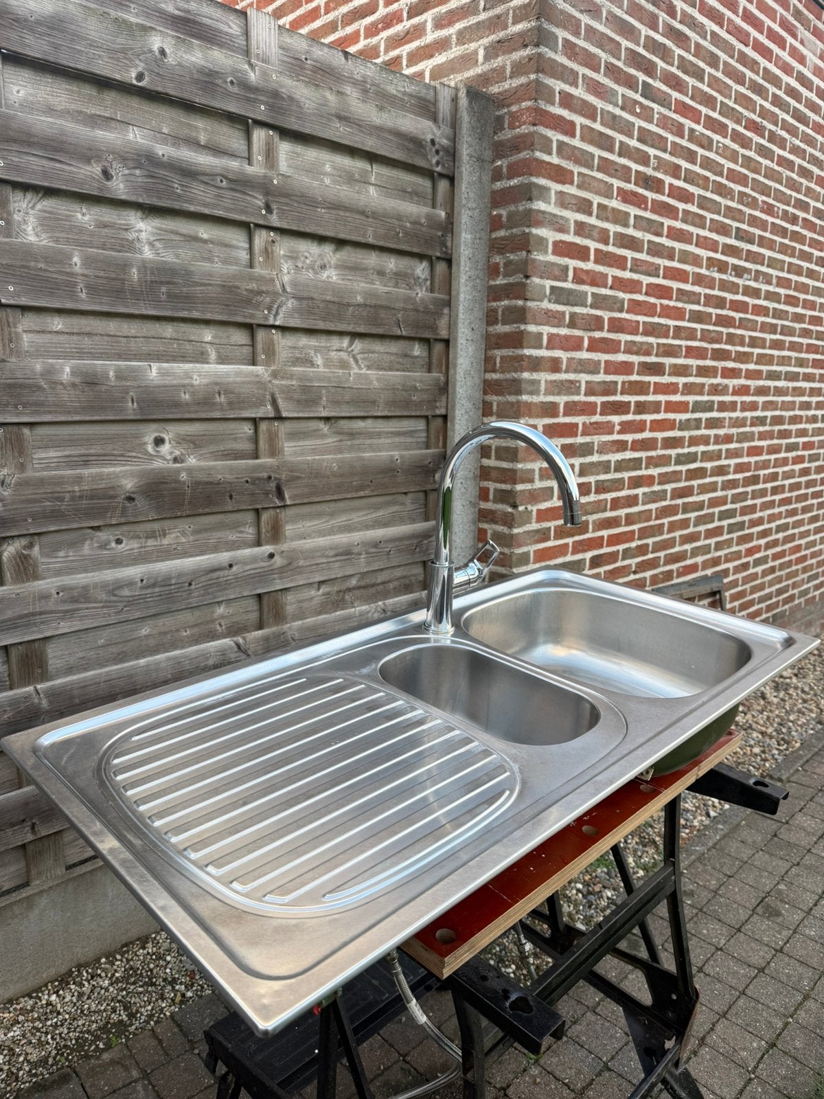Franke inox dubbele spoelbak met Grohe kraan – compleet, Ophalen, Gebruikt, Overige merken