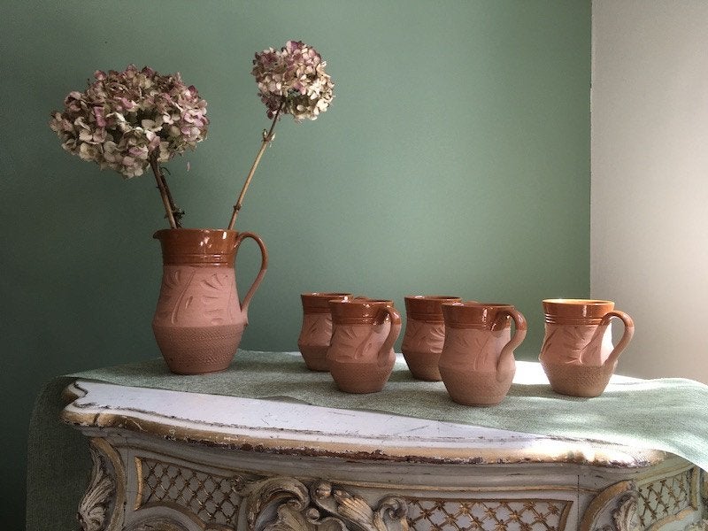 Handgemaakt terracotta servies - NIEUW 1 kan + 5 kopjes, Ophalen of Verzenden