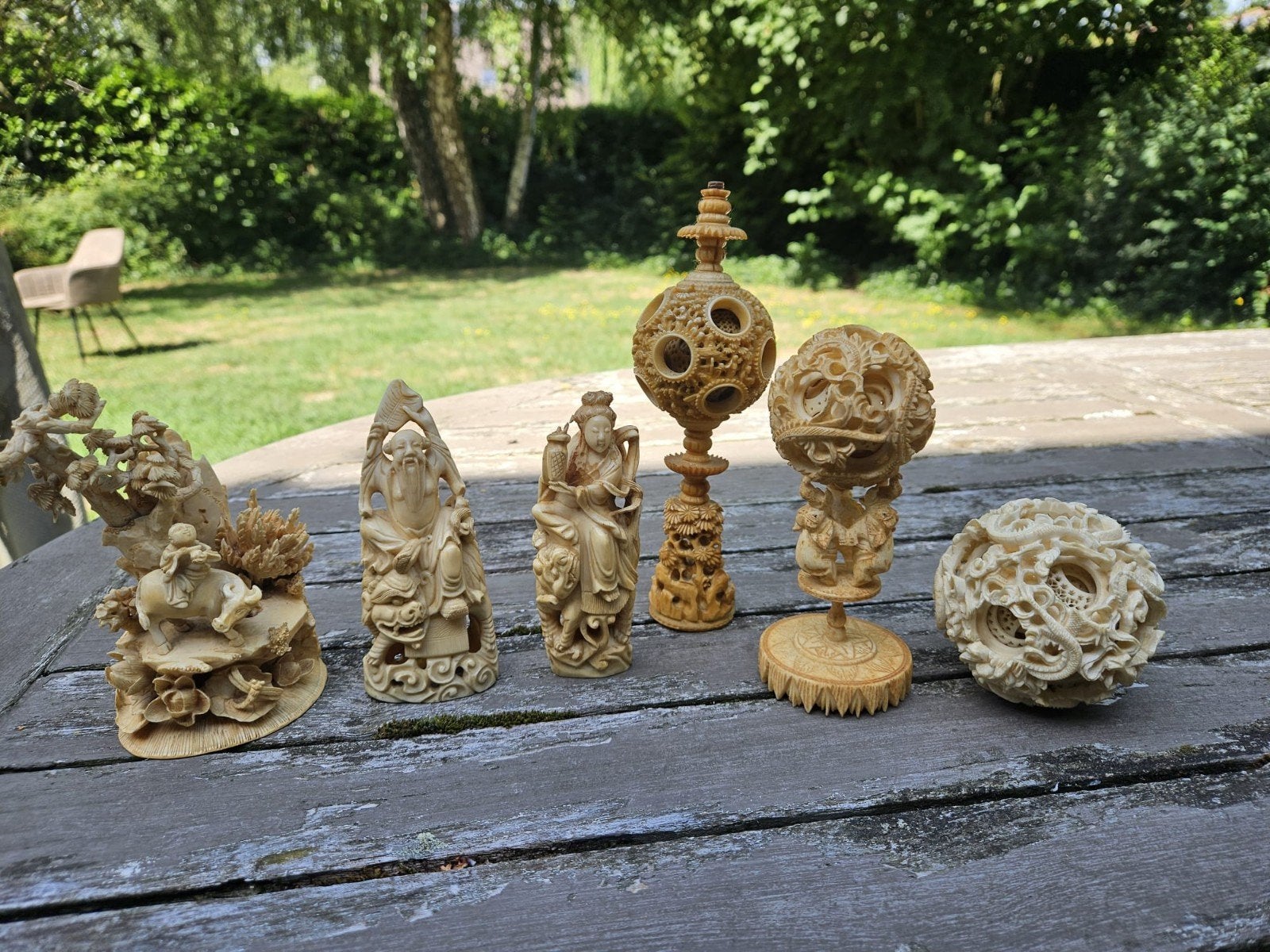 6 Chinese handgesneden beensnijwerken., Ophalen of Verzenden, Scène