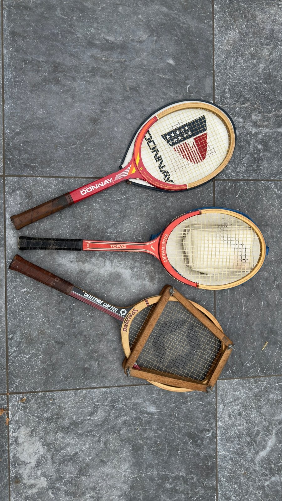 Vintage tennisrackets – set van 3 + originele accessoires, Ophalen, Gebruikt, Racket, Overige merken