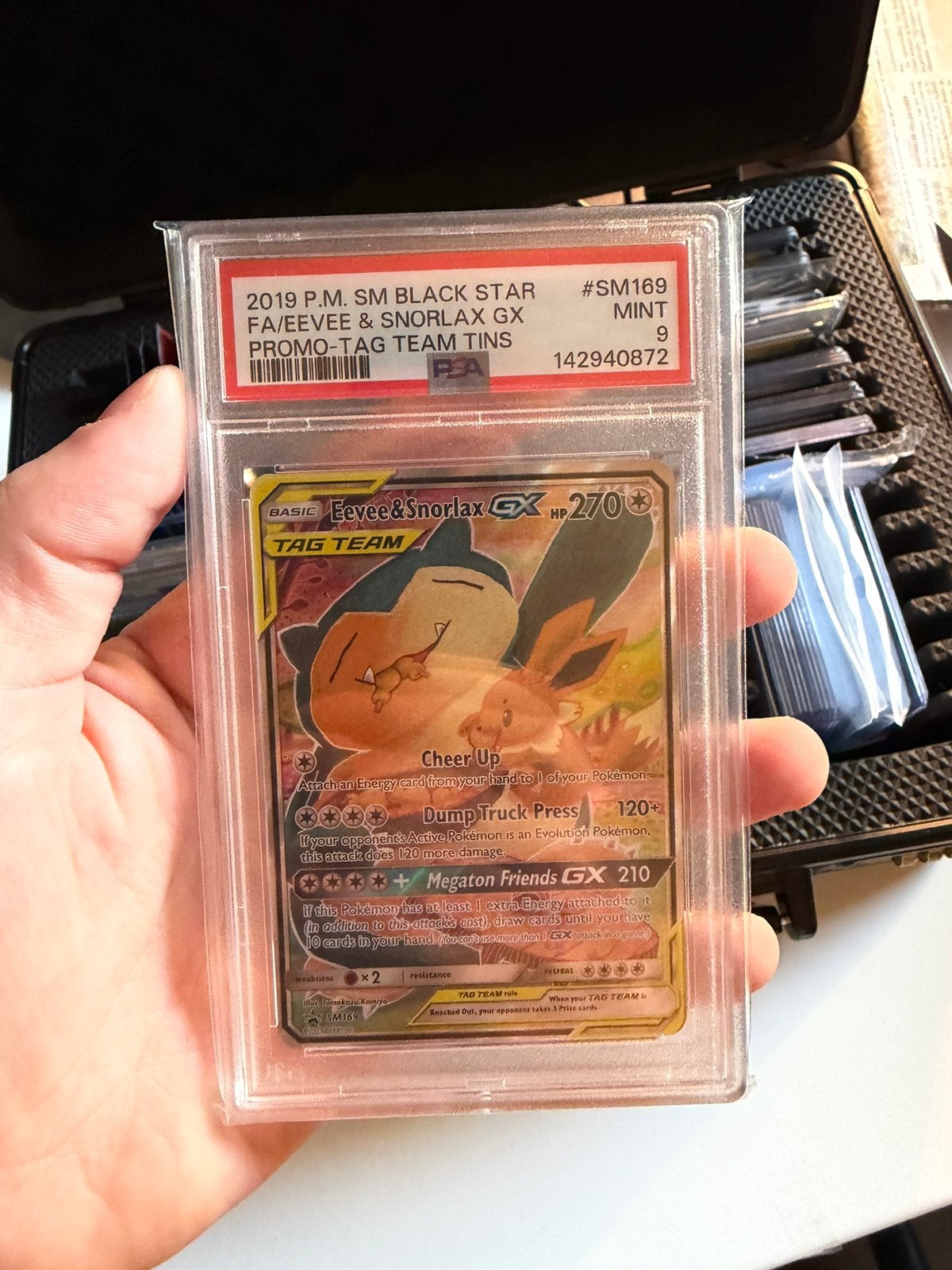 Eevee & Snorlax GX #SM169 PSA 9, Hobby en Vrije tijd, Verzamelkaartspellen | Pokémon, Ophalen of Verzenden, Zo goed als nieuw
