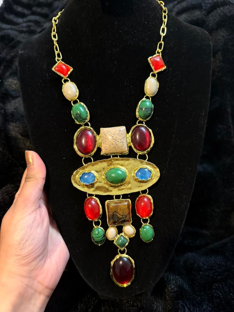 Grand collier tendance avec pierres multicolores, vintage, Enlèvement ou Envoi, Comme neuf, Bleu