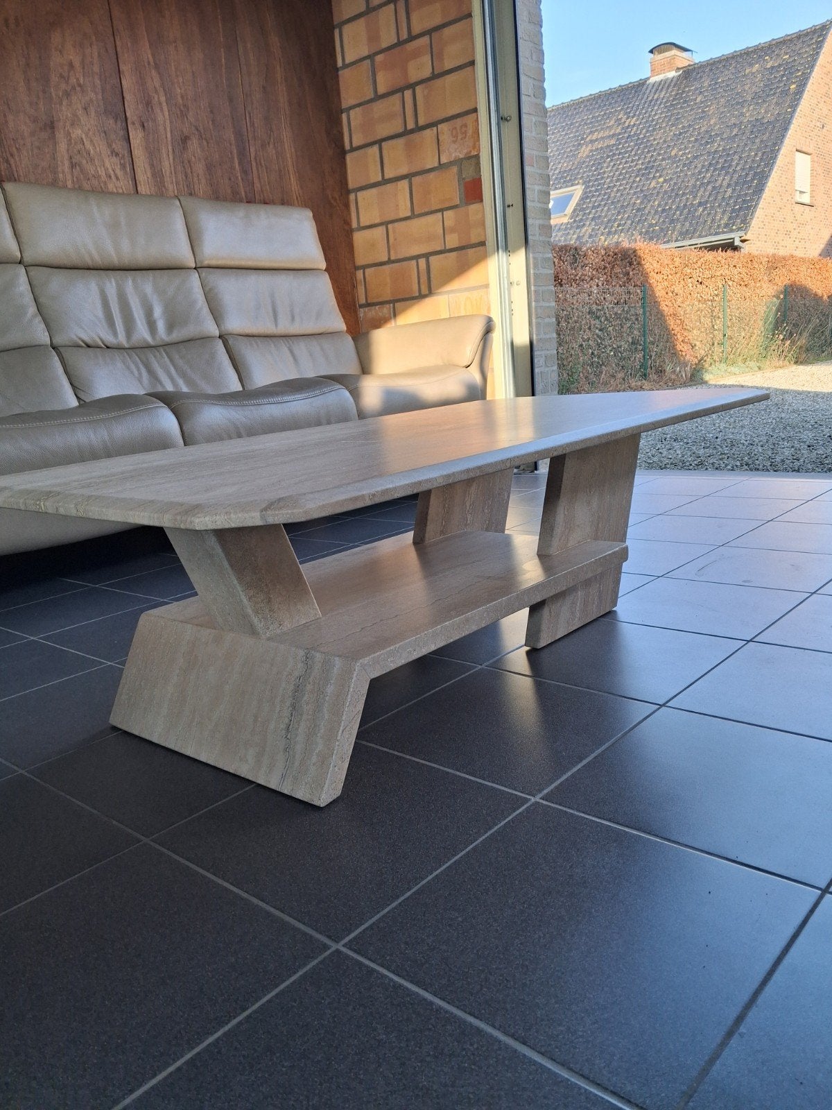 Belle table basse en travertin massif, excellent état !, Maison & Meubles, Enlèvement