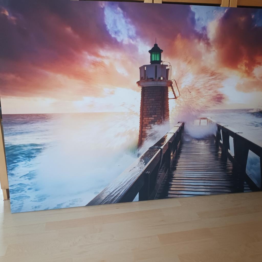 Magnifique toile phare avec coucher de soleil, Antiek en Kunst, Kunst | Schilderijen | Modern, Ophalen
