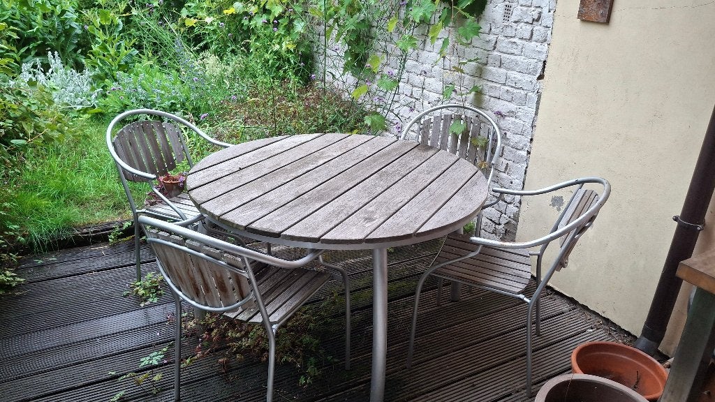 ronde houten tuintafel en stoelen, Tuin en Terras, Ophalen, Gebruikt, Rond, Hout