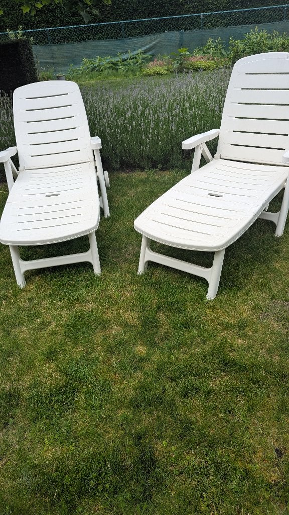 Ligbedjes 2 stuks, Jardin & Terrasse, Chaises longues, Enlèvement, Utilisé, Plastique, Mobile