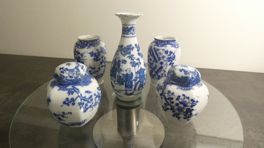 5x Chinees blauw/wit vaasje [1983], Ophalen of Verzenden