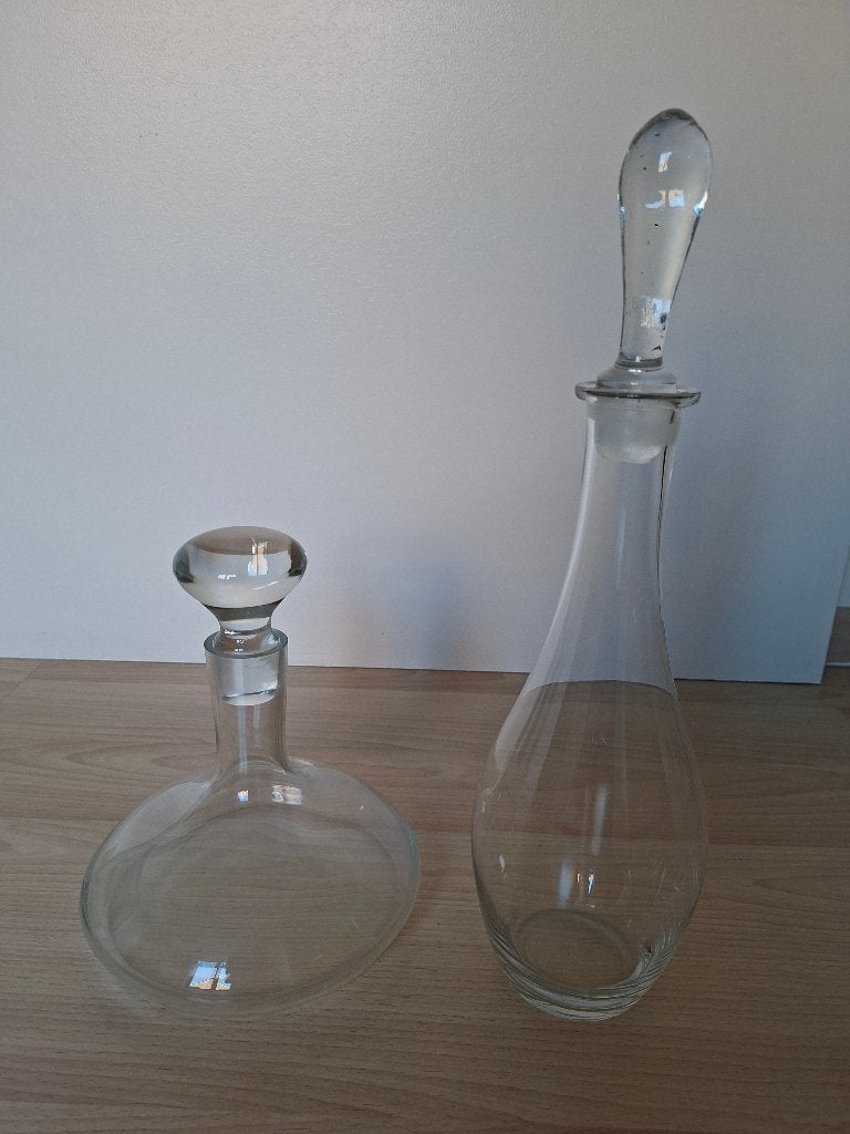 2 Vintage Glazen Karaffen met Glazen Dop (H: 40cm & 24cm), Enlèvement ou Envoi