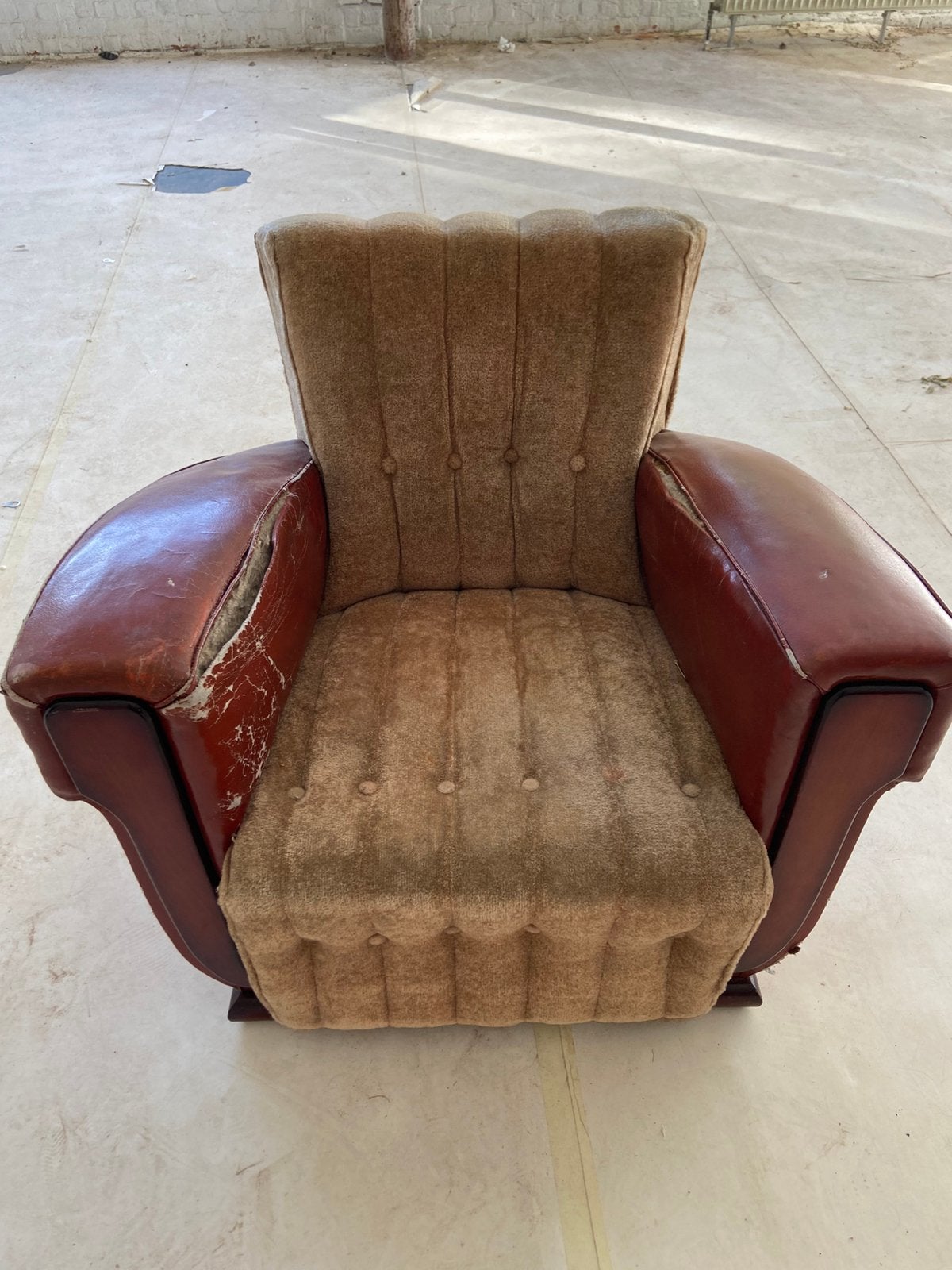 Fauteuil vintage rétro beige & bordeaux – Bruxelles, 75 à 100 cm, Enlèvement, Utilisé, Bois