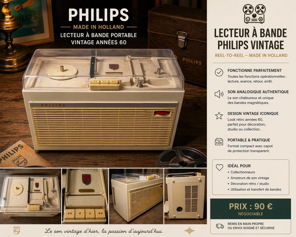 Lecteur à bande Philips vintage, Enlèvement, Comme neuf