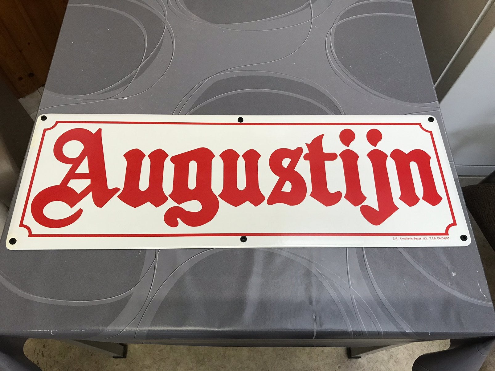 Augustijn emaillerie Belge reclamebord, Ophalen of Verzenden, Zo goed als nieuw, Reclamebord