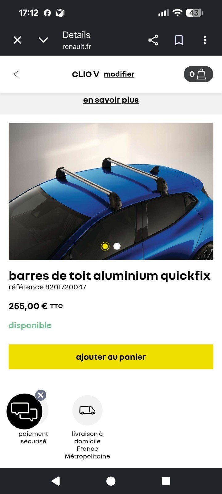 Barres de toit Clio V NEUVES JAMAIS MONTEES, Enlèvement