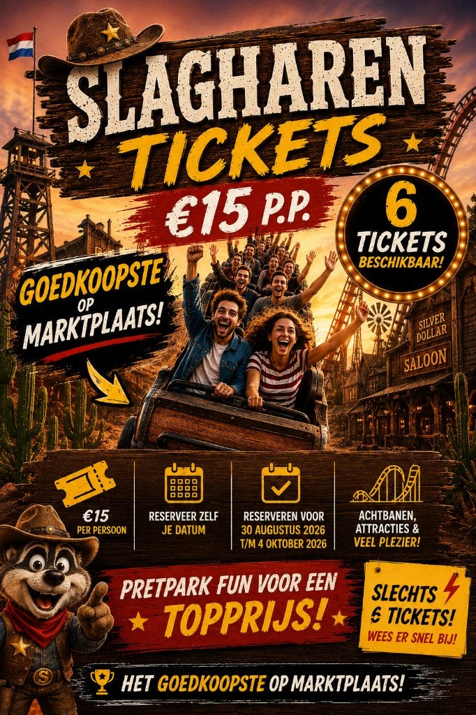 SLAGHAREN 6 tickets €15 PP 101% BETROUWBAAR, Drie personen of meer, Ticket of Toegangskaart