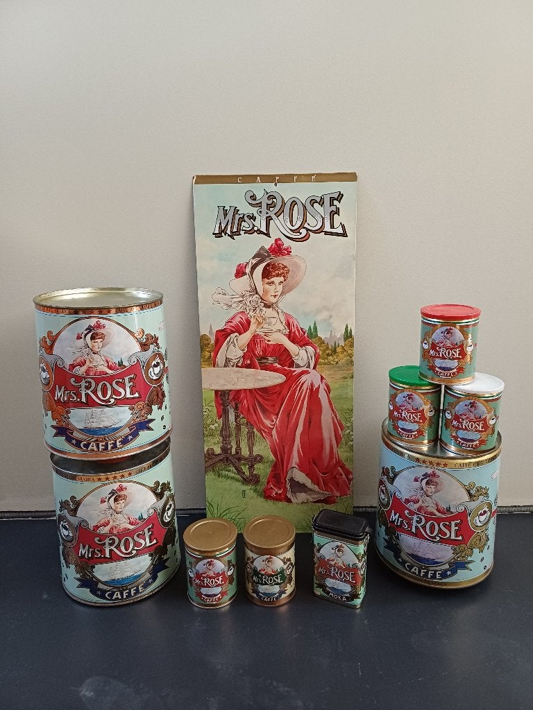 Mrs Rose koffie verzameling caffe blikken vintage brocante, Collections, Boîte en métal, Enlèvement ou Envoi, Comme neuf, Café