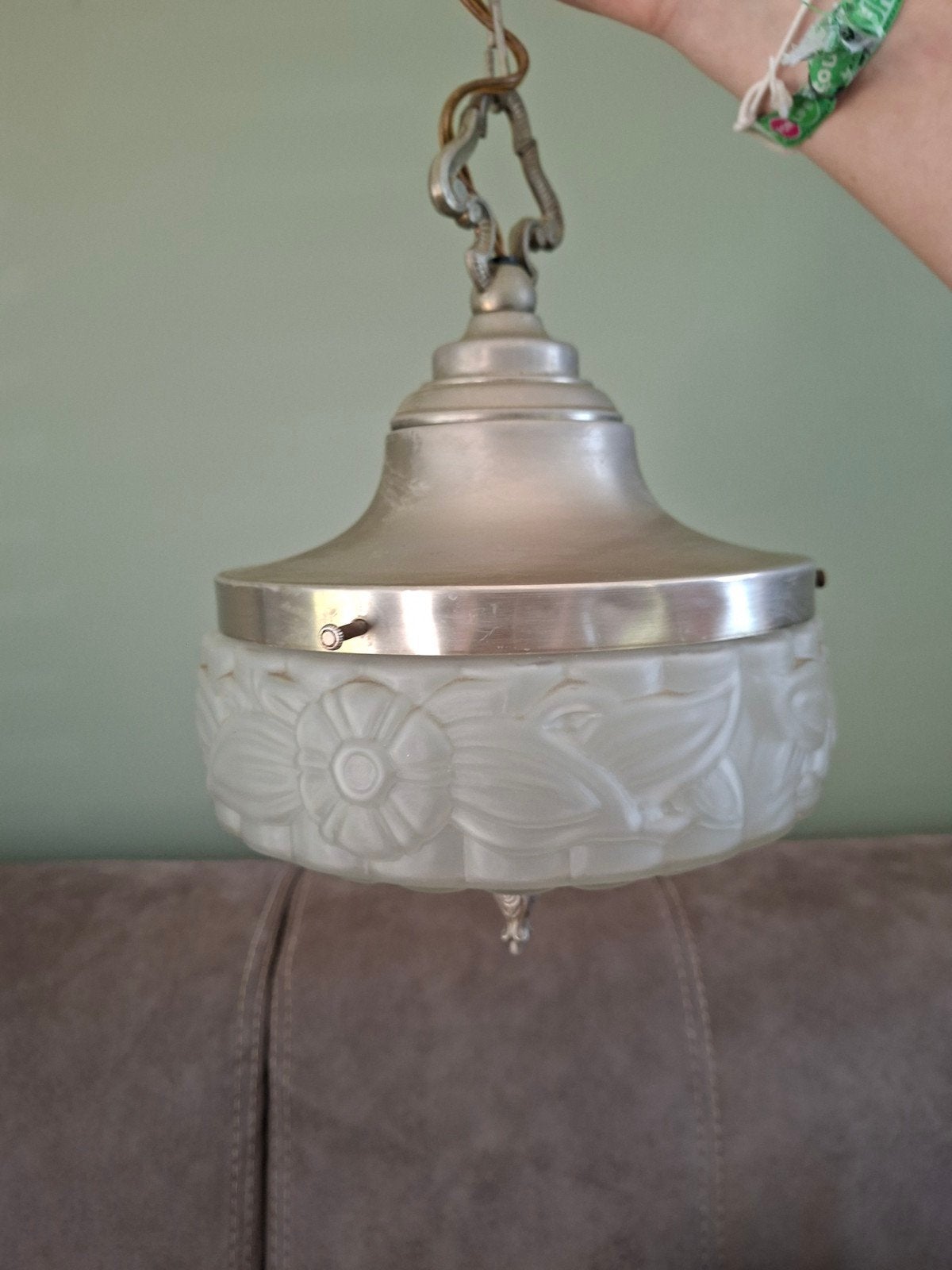 ART DECO hangplafondlamp in geperst gegoten glas., Ophalen, Glas