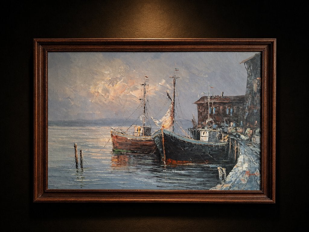 Bateaux garés, Enlèvement ou Envoi, Toile, Signé, Peinture à l'huile