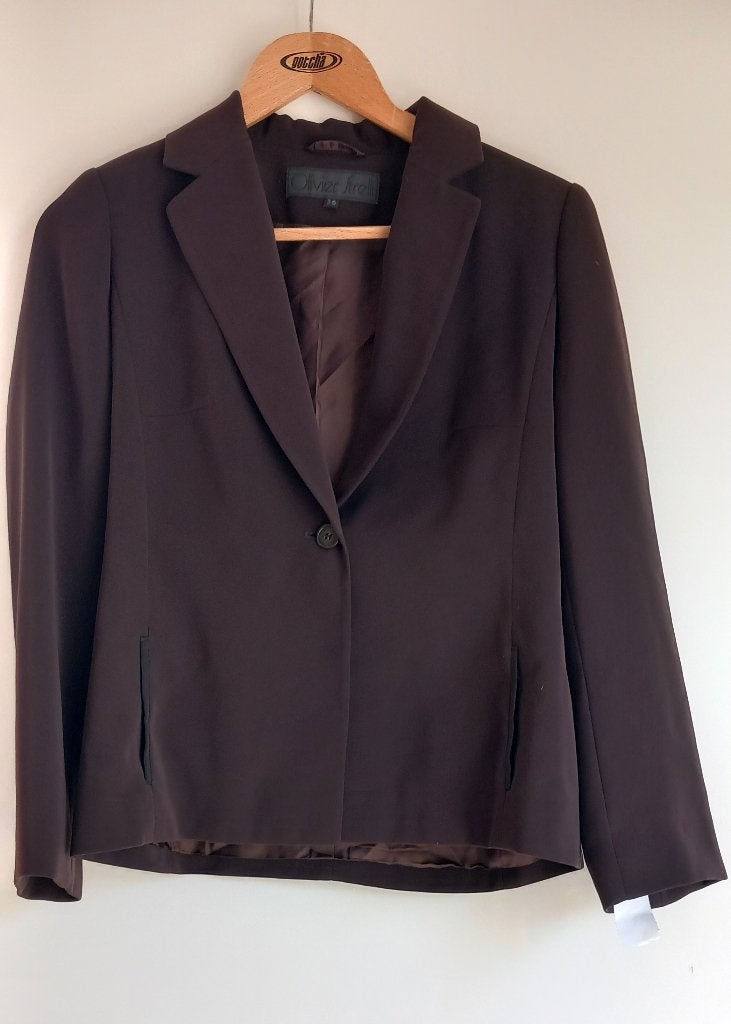 Olivier Strelli: Vintage chocoladebruin blazer & pantalon, Maat 38/40 (M), Olivier Strelli, Kostuum of Pak, Bruin