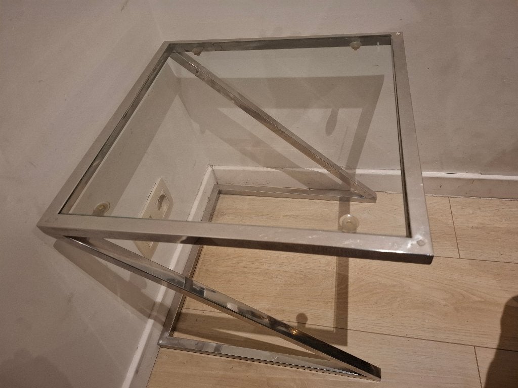 Moderne glazen bijzettafel met metalen frame, Minder dan 55 cm, Gebruikt, Metaal of Aluminium, Vierkant