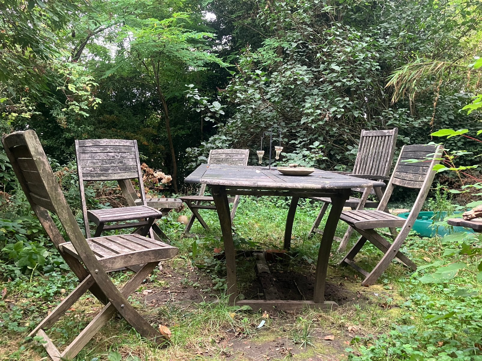 Table en teck avec 5chaises et une dossier reglable., Jardin & Terrasse, Table à dinner, Utilisé, 6 places, Enlèvement