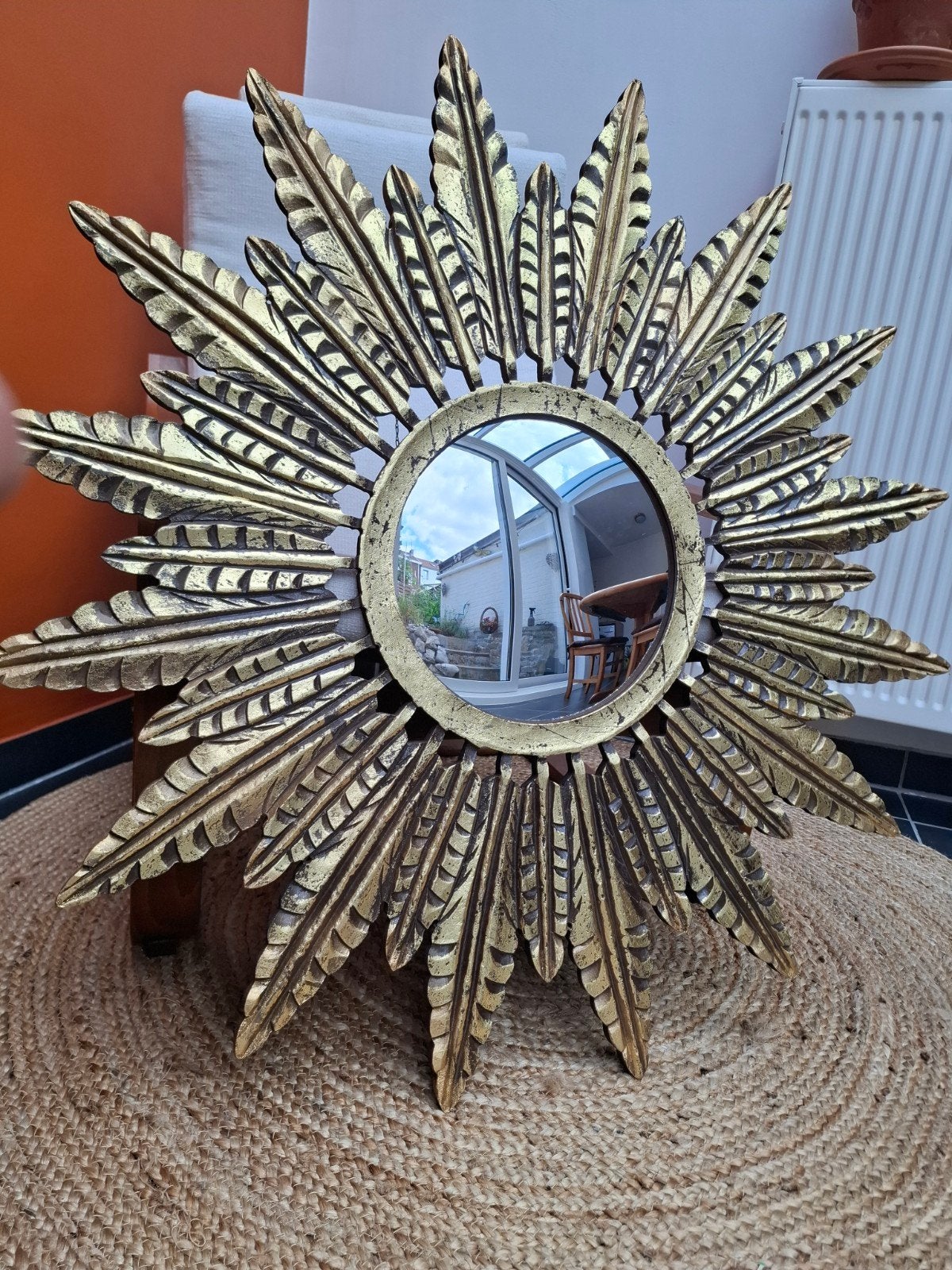 Miroir soleil XL 90cm ! Bois avec verre convexe 28.50cm, Antiquités & Art, Enlèvement