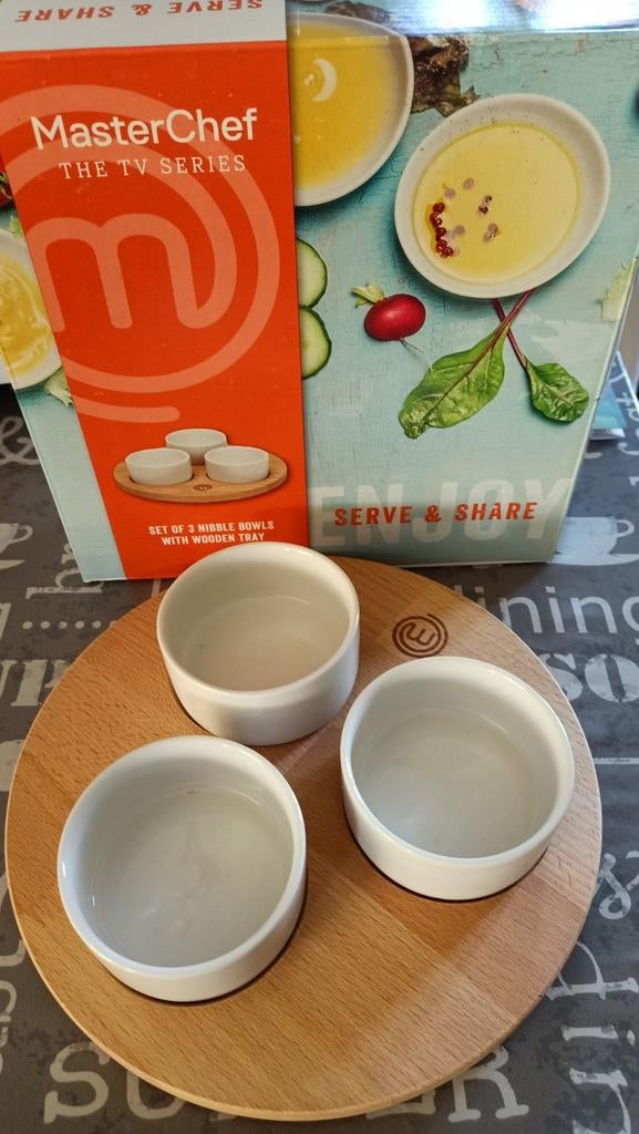 Ronde houten bord met 3 potjes Masterchef, Huis en Inrichting, Ophalen